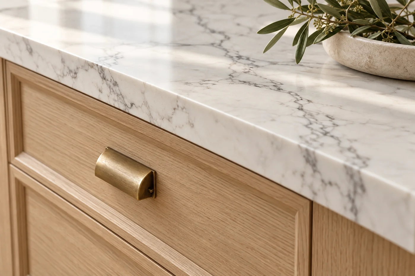 AI editorial illustration of oak, stone and brass based on HKB-owned photography